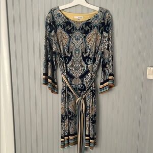 Studio One Blue Tan Paisley Dress with Bell Sleeves & Tie Belt | Large